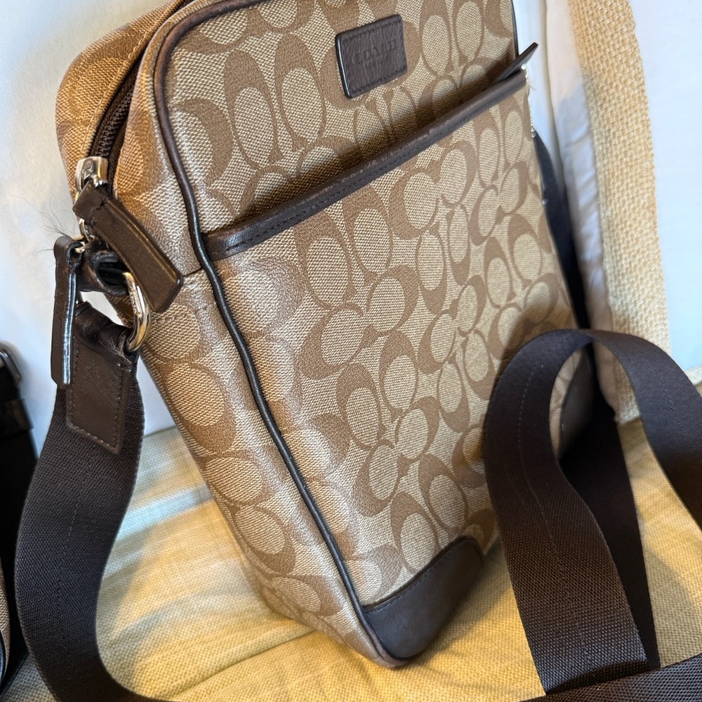 Coach Tan Signature Canvas Messenger Bag with Chocolate Trim
